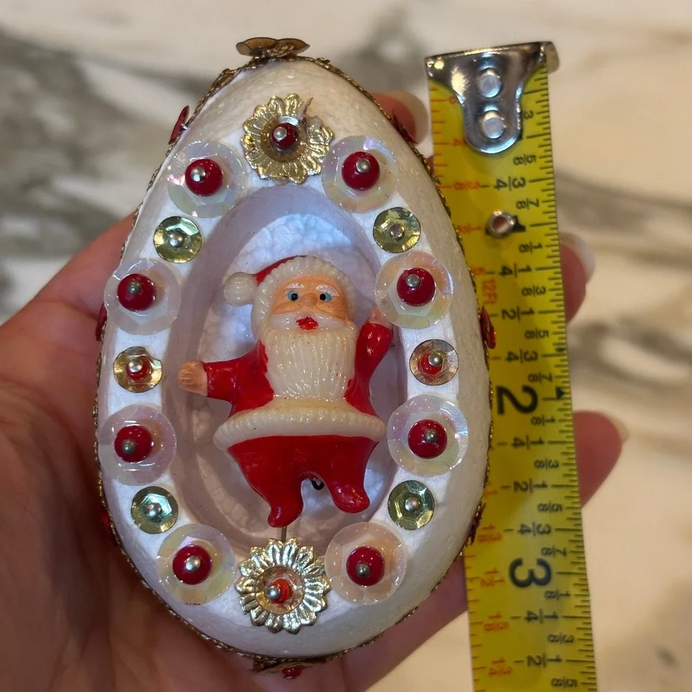 Vintage Diorama Santa Ornament White Egg Sequins Beads Retro